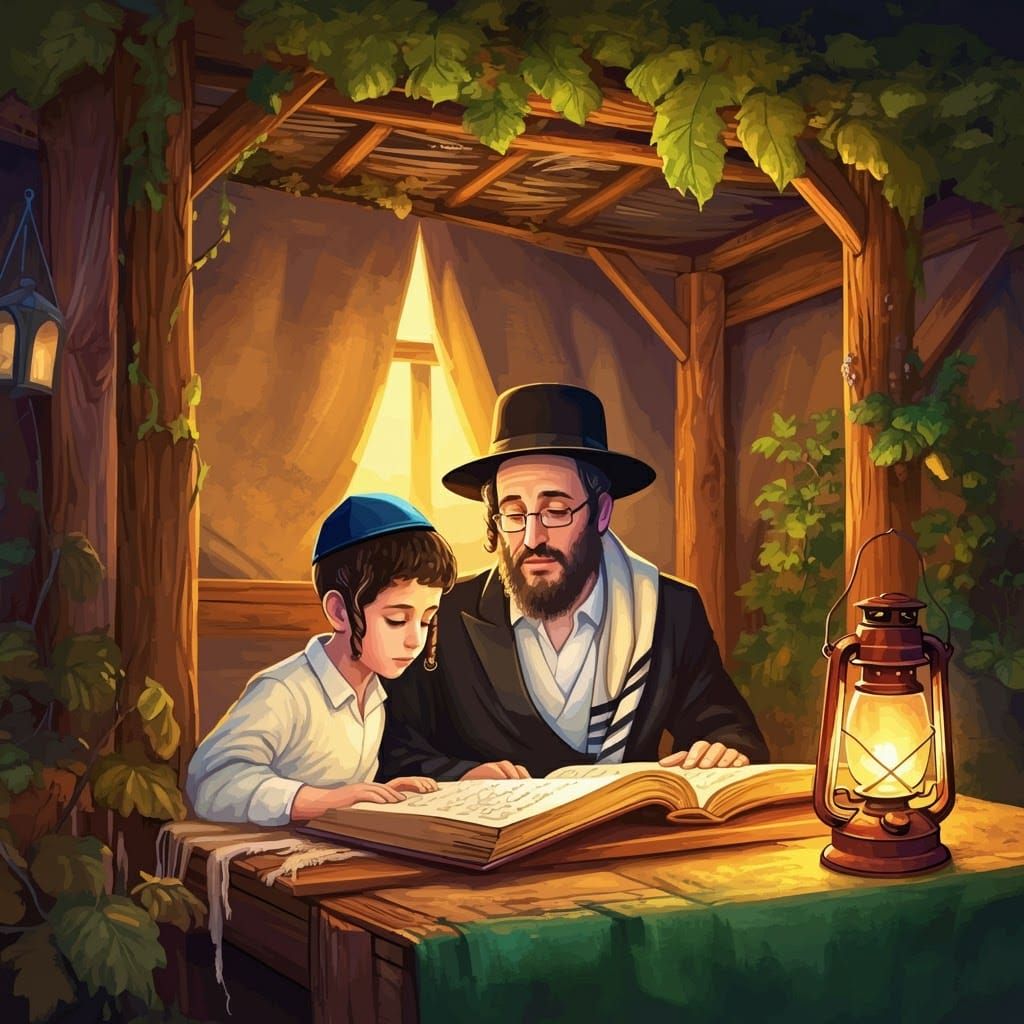 Hasidic Boy Studies in Sukkah with Father