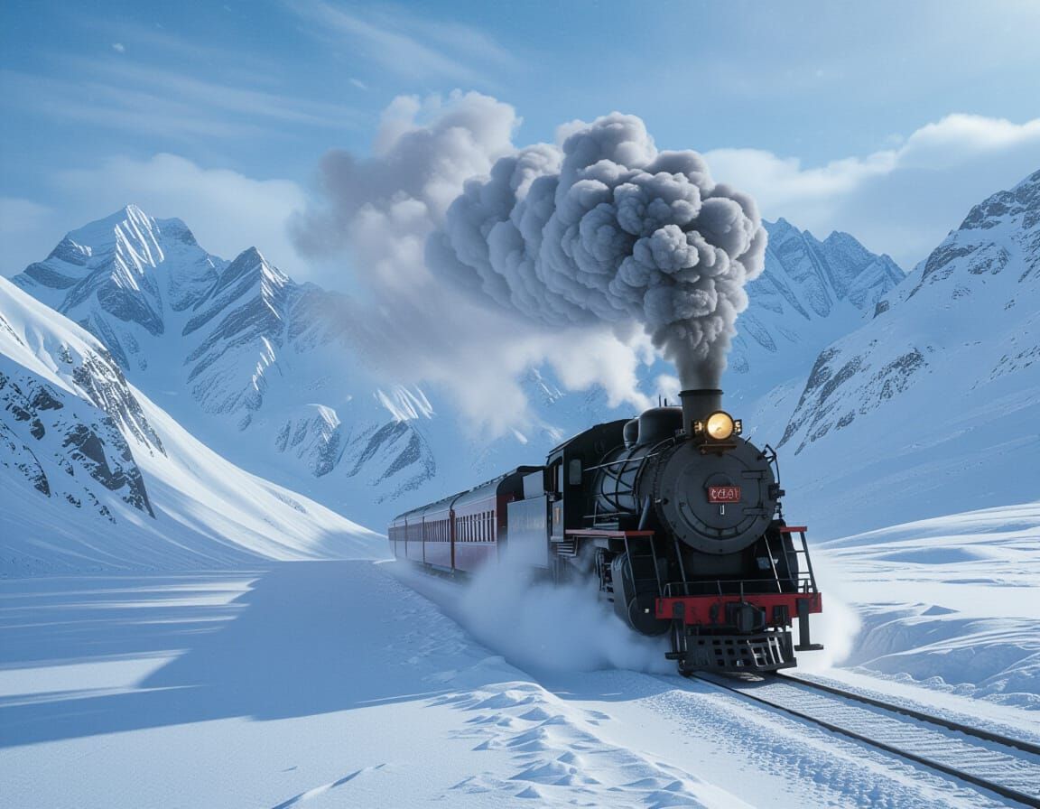 Steam Train Crosses Snowy Mountain Pass