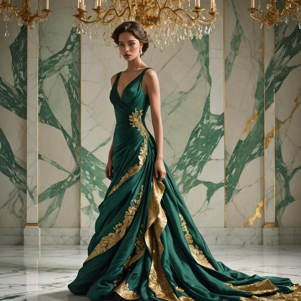 Woman in Emerald Gown in Opulent Ballroom