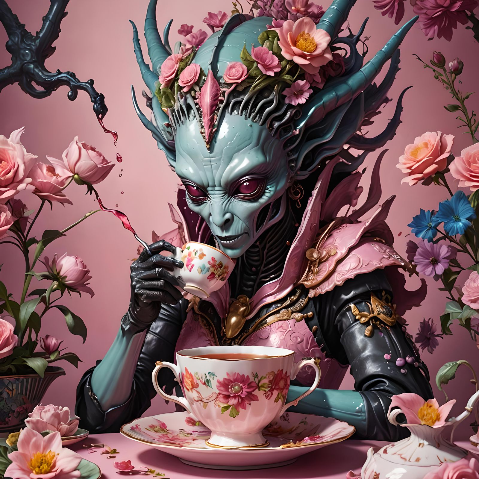 Alien Queen Drinks Tea: Hyperrealistic Splash Art