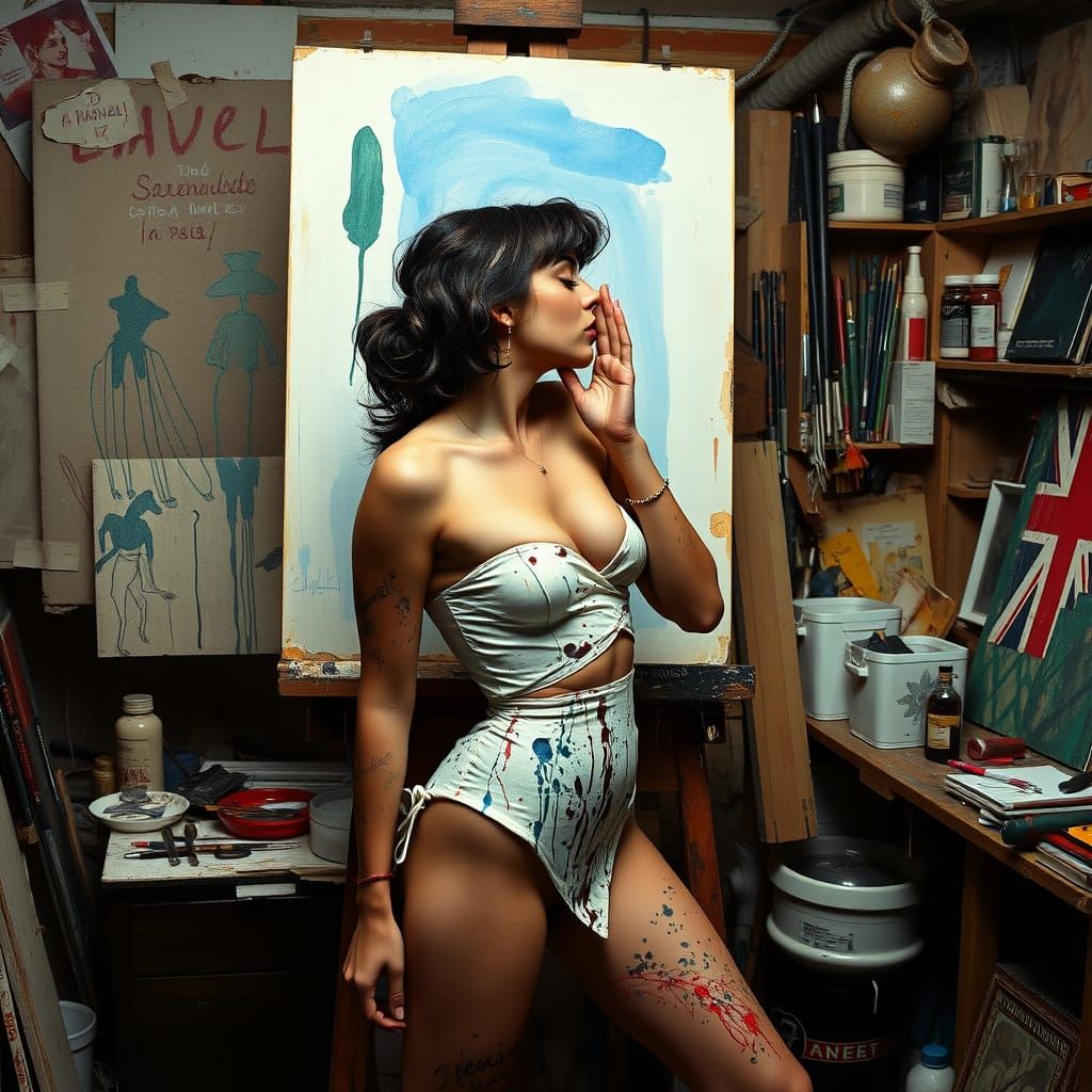Italian Pin-Up Kisses Painting in Art Studio