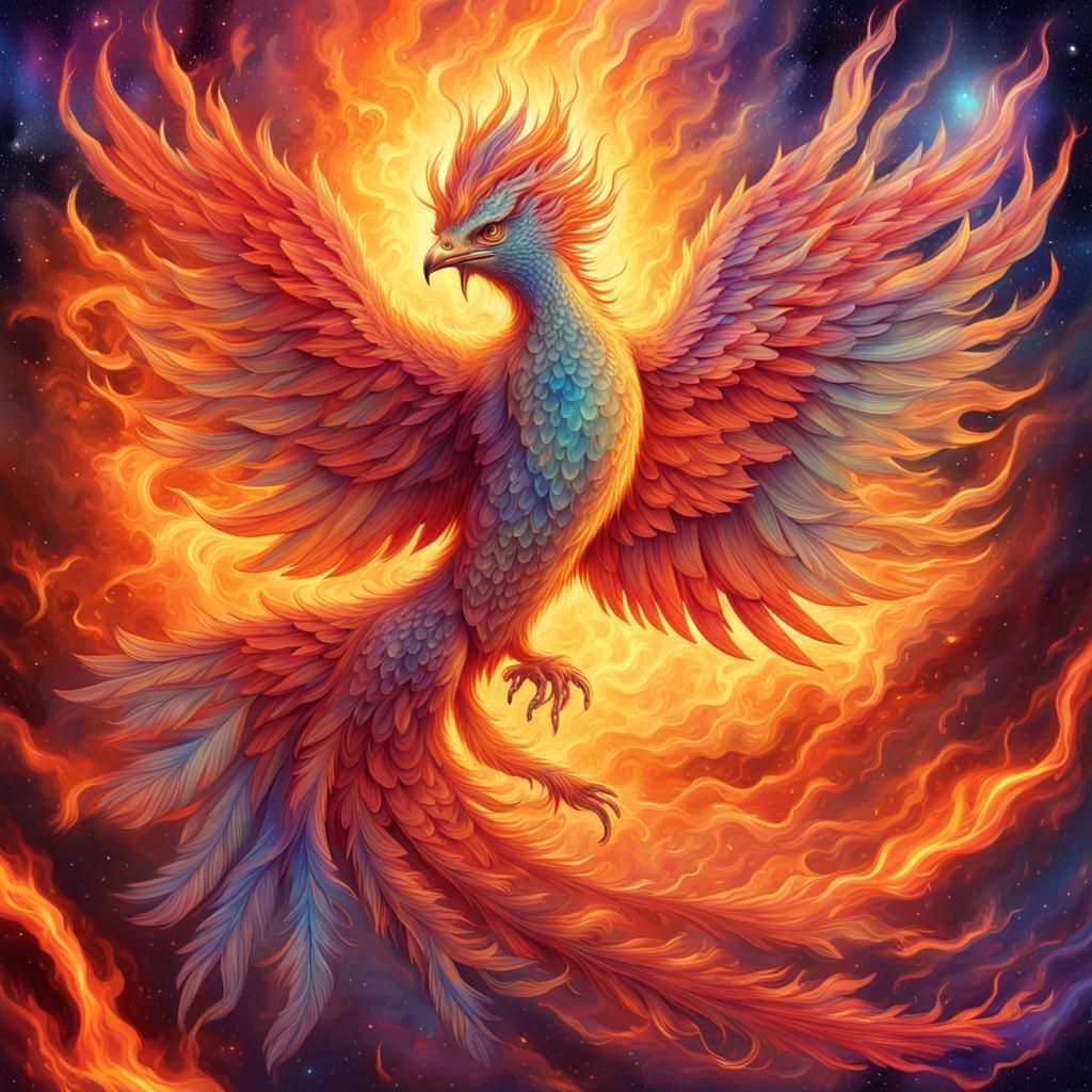 Phoenix Rising: Holographic Astral Illustration