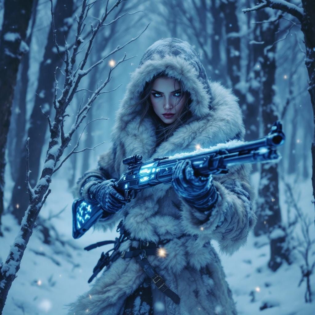 Arcane Huntress in Snow-Covered Woods