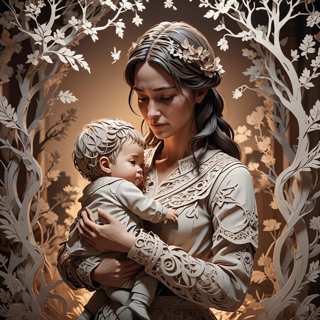 Mother and Child in Papercut Style