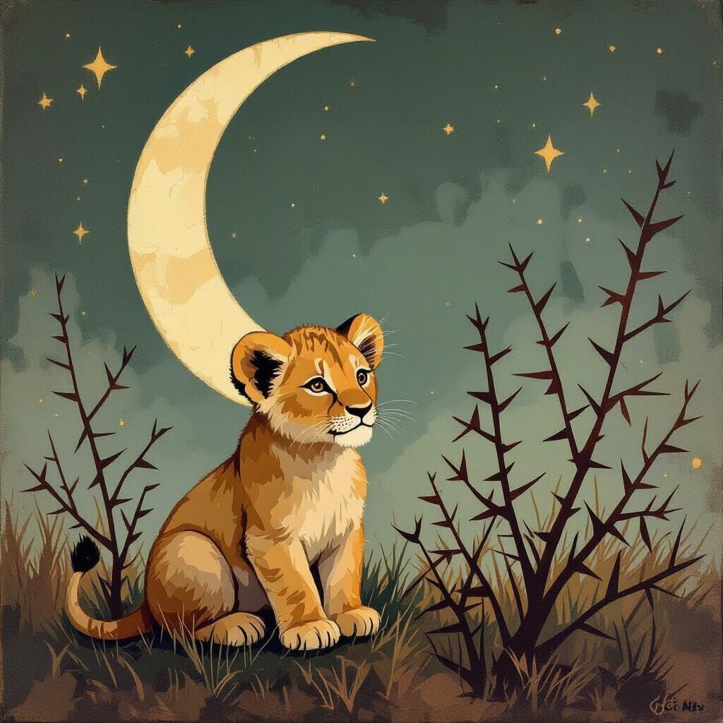 Lion Cub Under Crescent Moon Impasto Painting