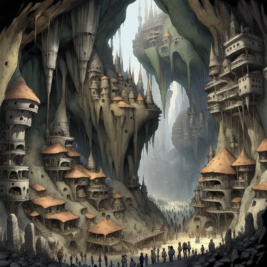 Fantasy Cave City in Anime Style