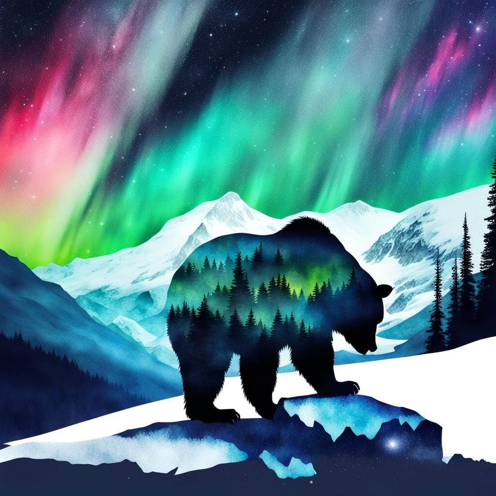 Double Exposure Bear Silhouette with Aurora Borealis