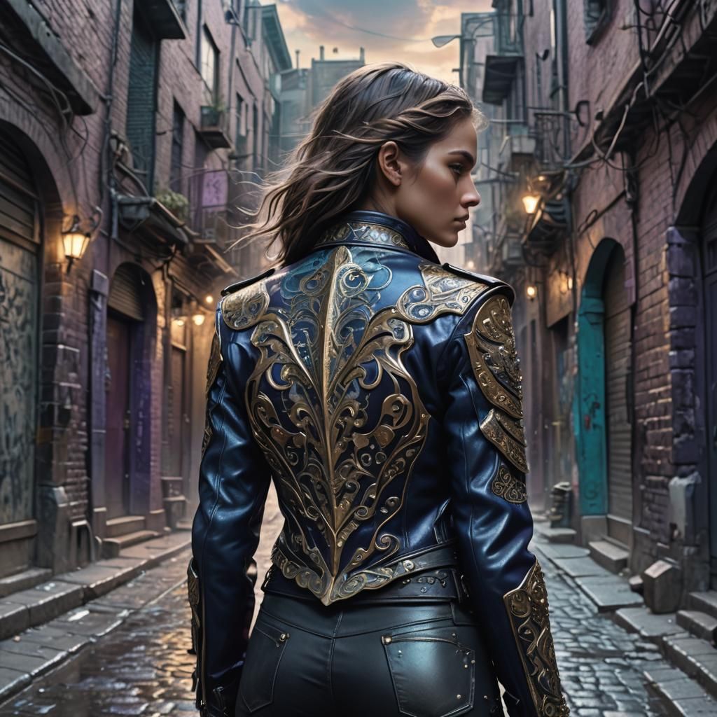 Fantasy Armor Leather Jacket in Dark Alleyway