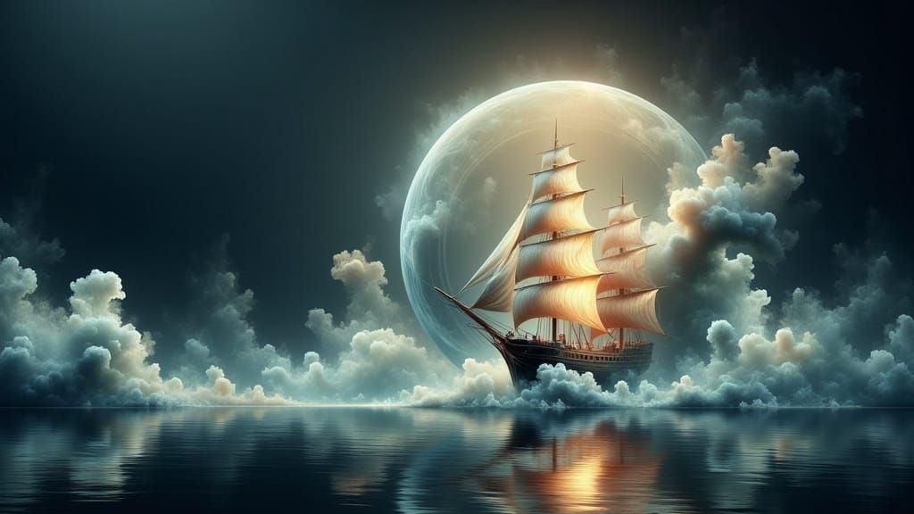 Ethereal Ghost Ship Sailing to the Moon