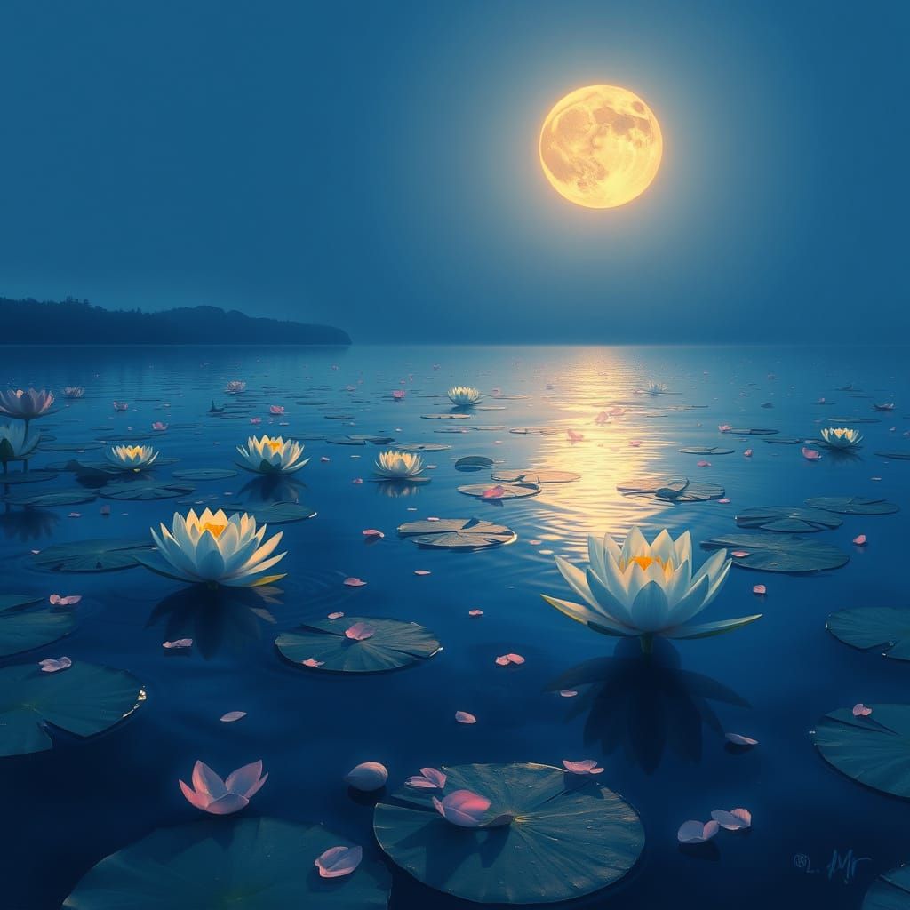 Blue Moon Water Lilies in Impressionist Style