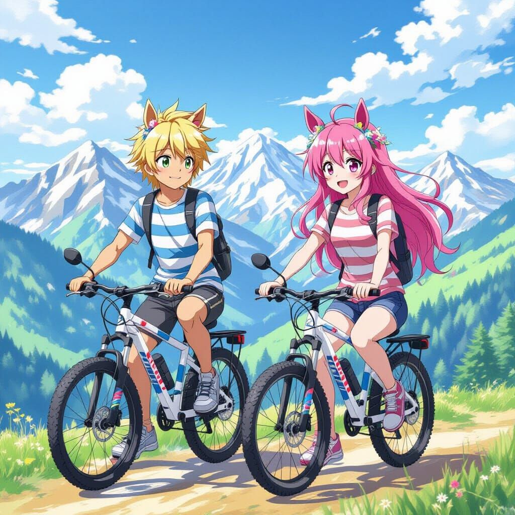 Anime Boys with Horse Ears on Mountain Bikes