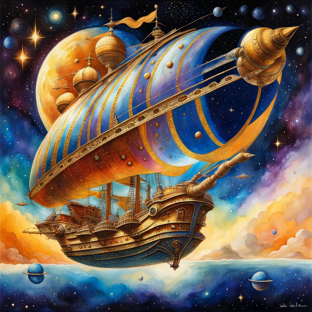 Futuristic Spanish Galleon in Space, Award-Winning Illustrat...