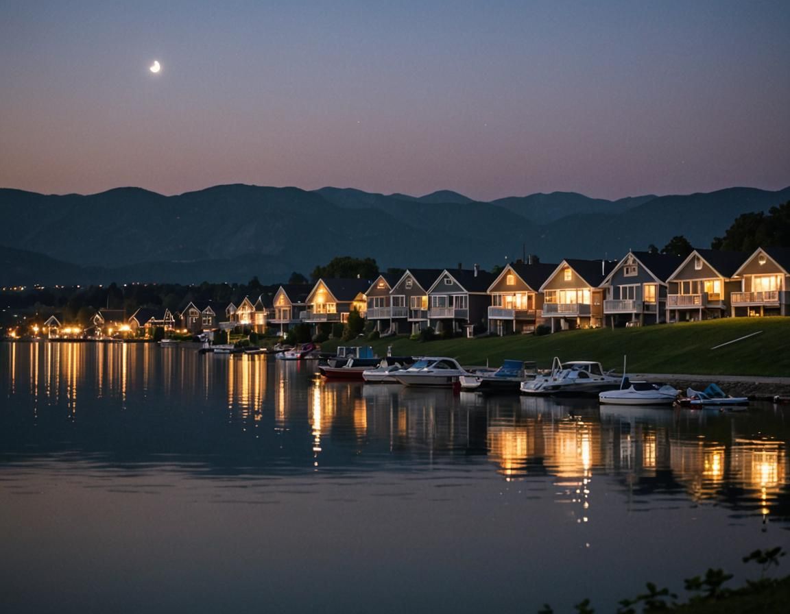 Lakeside Houses and Speedboat at Night