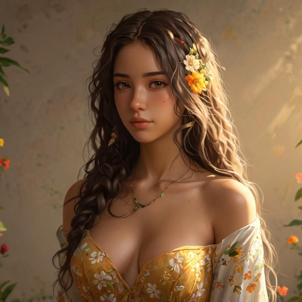 Latina Anime Woman with Flowers in Hair