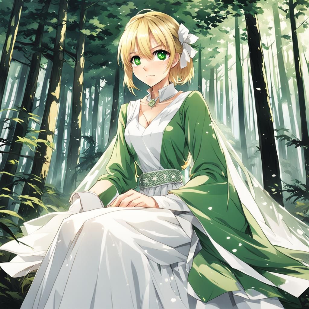 Anime Girl in White Dress in Forest