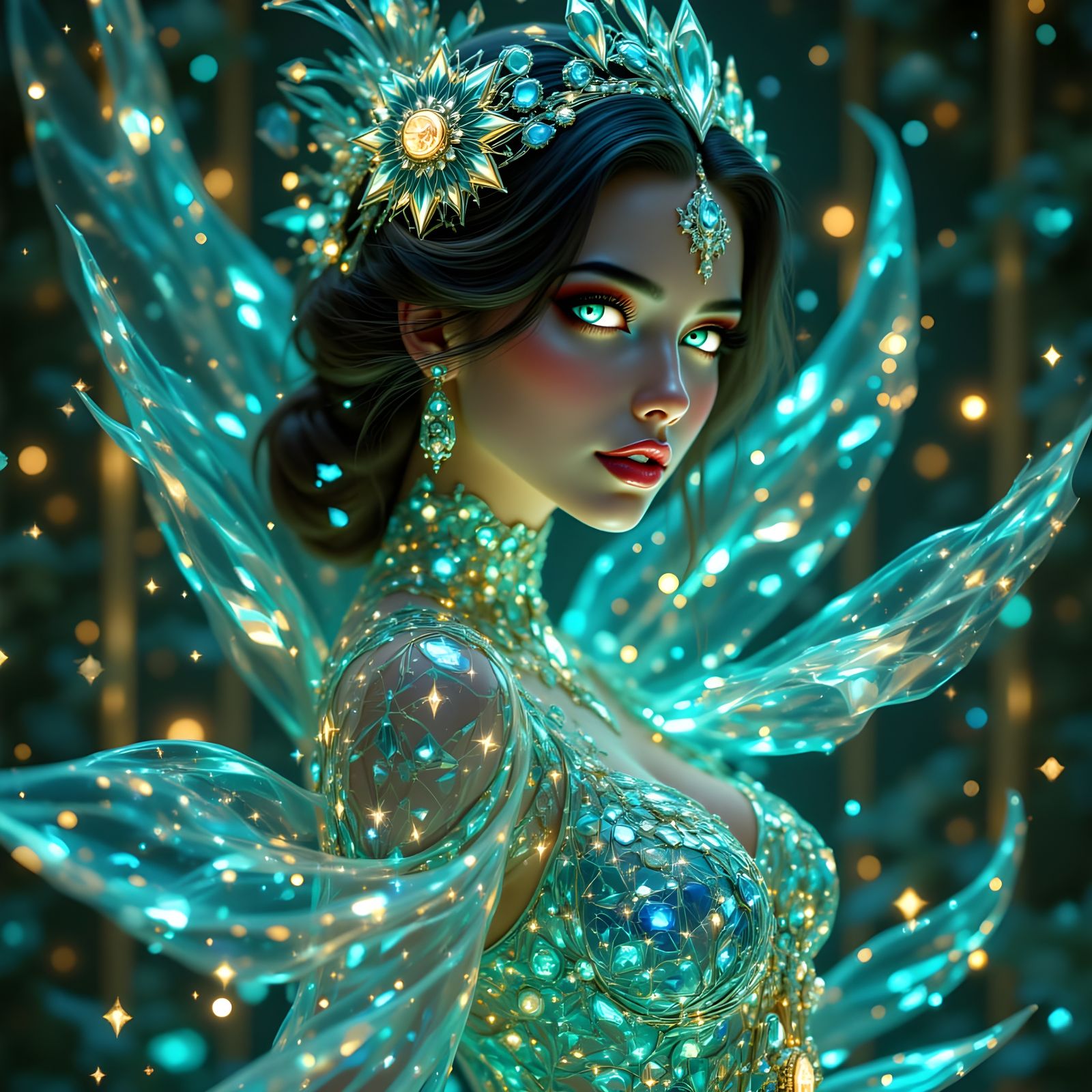 Art Deco Muse in Glowing Turquoise and Gold