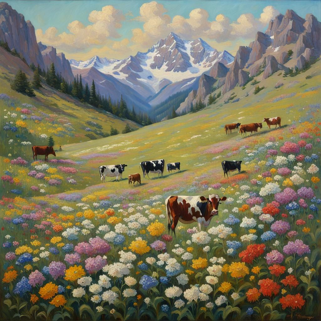Blooming Mountain Slope Oil Painting with Grazing Cows