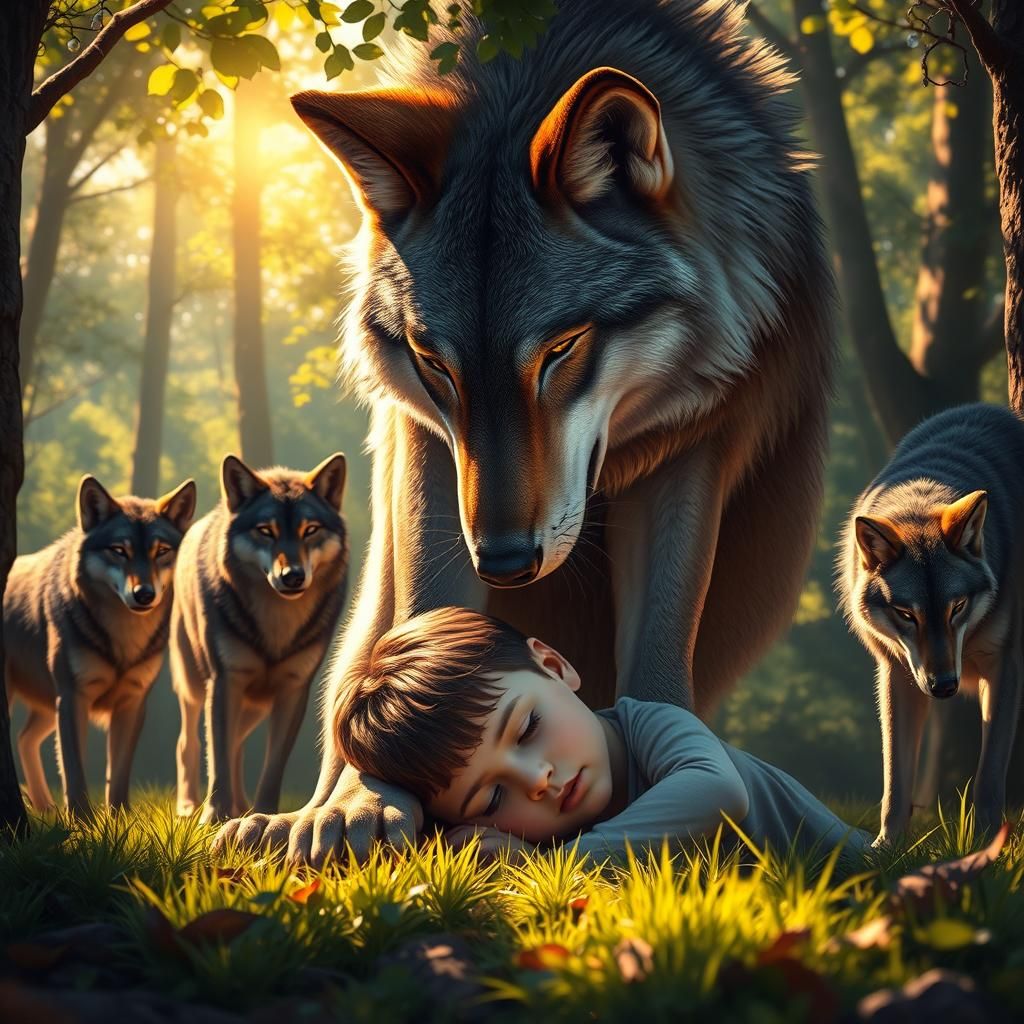 Boy Sleeping with Wolves in Forest Glade