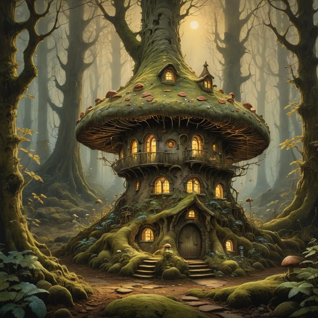 Fairy House in Mushroom, Magic Realism Oil Painting