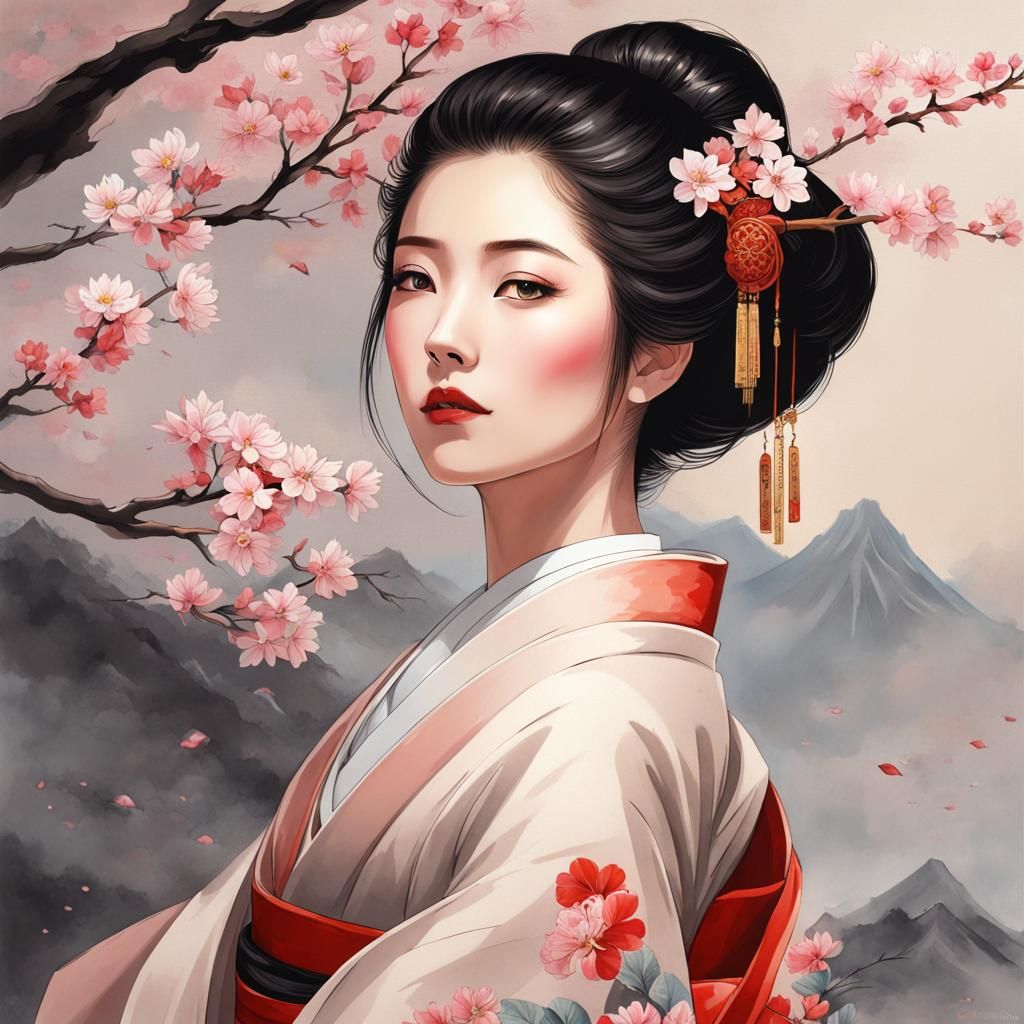Woman in Kimono with Sakura, Ink Painting