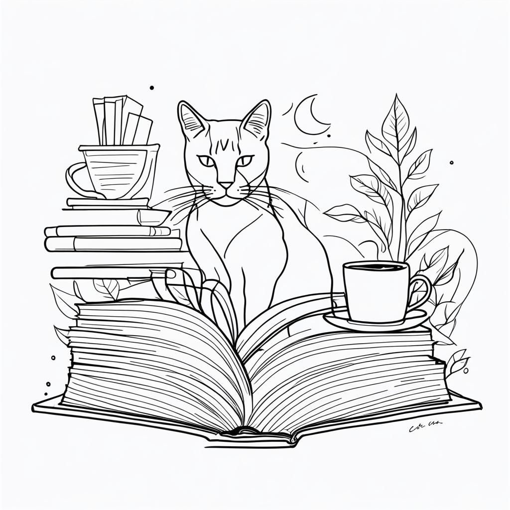 Cats, Books, and Coffee in One-Line Art