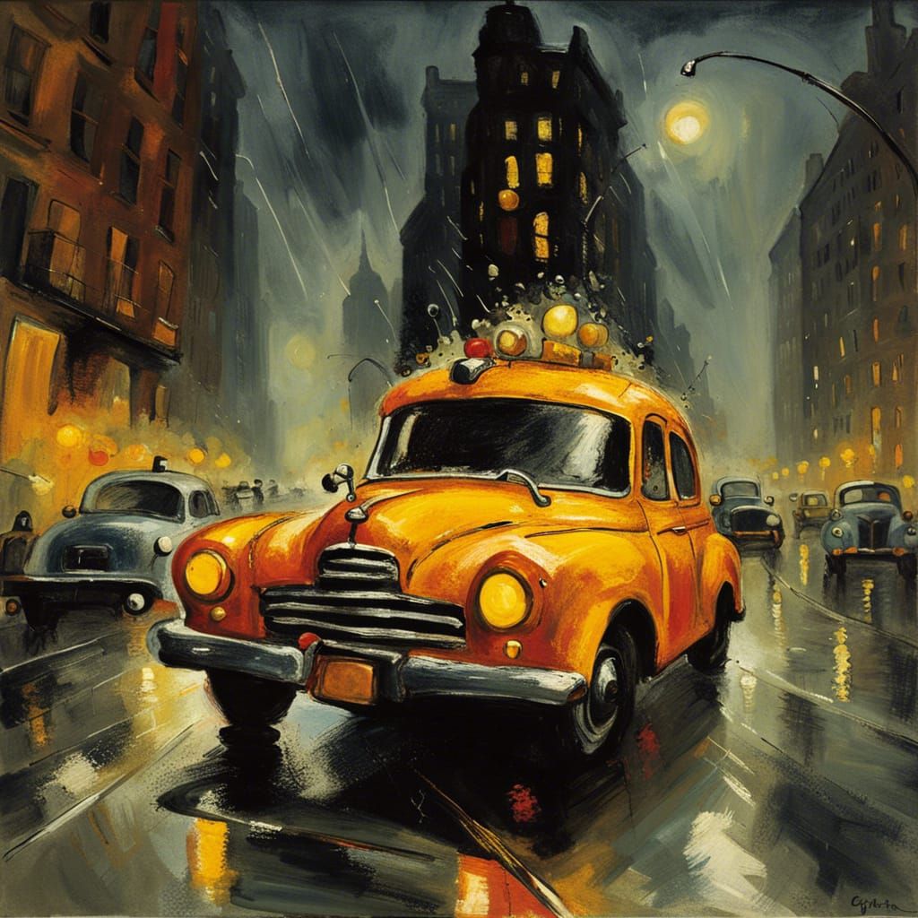 Checkered Cab in Rainy 1970s New York: Surreal Art