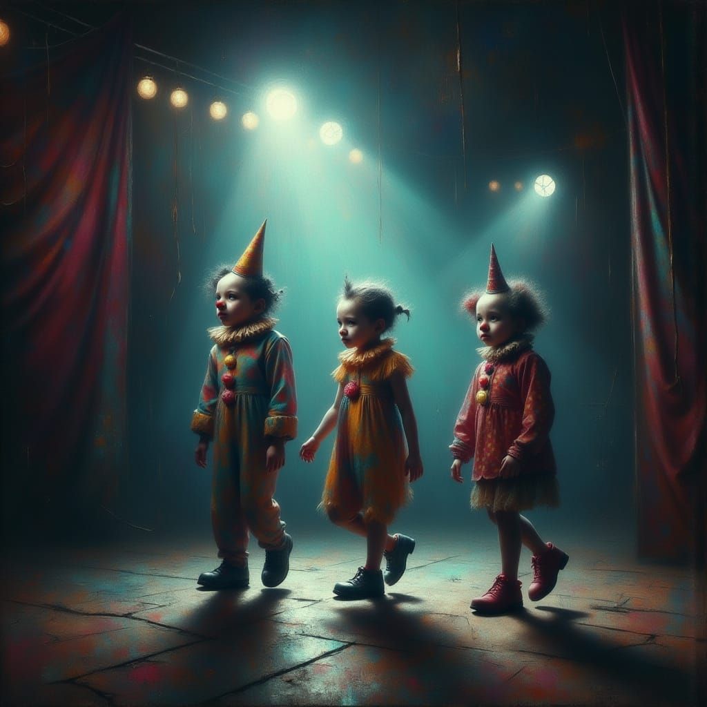 Surreal Clown Procession in Empty Circus Tent
