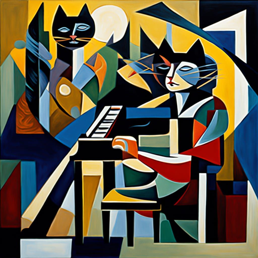Woman Plays Piano with Cat in Vibrant Cubist Landscape