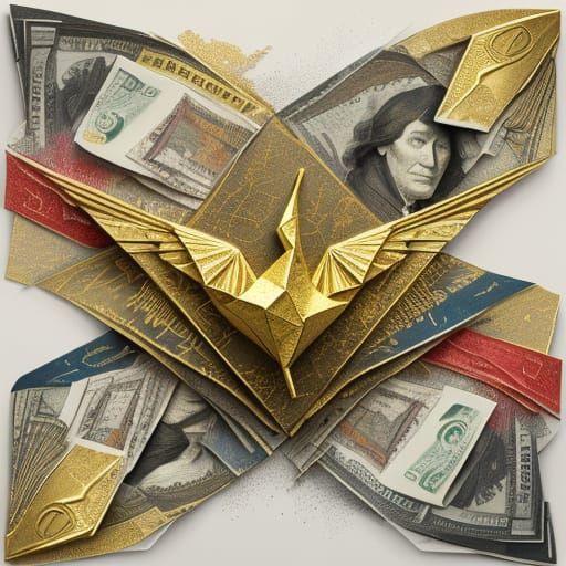Origami Crane Sculpture from Dollar Bill in Abstract Style