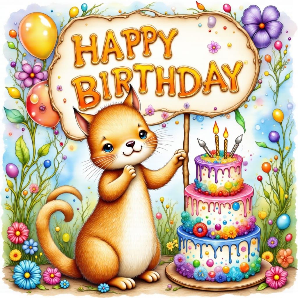 Cartoon Kitty's Birthday in Beatrix Potter Style