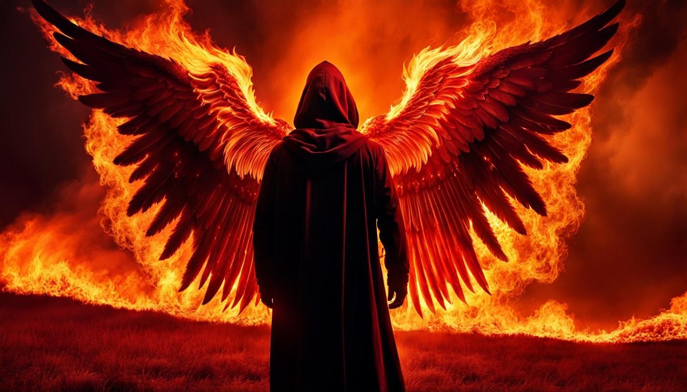 Fiery Angel and Flying Animals in a Volcanic Landscape