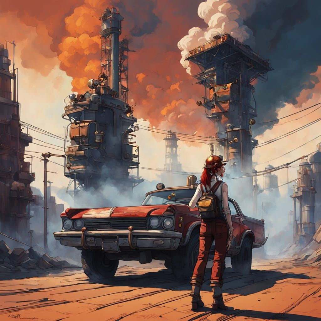 Steampunk Redhead Operates Tower Crane in Haze