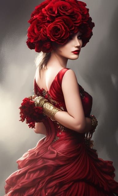Victorian Woman in Roses Dress, Digital Art