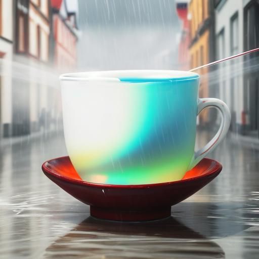 Red and White Figure in Rainy City Square