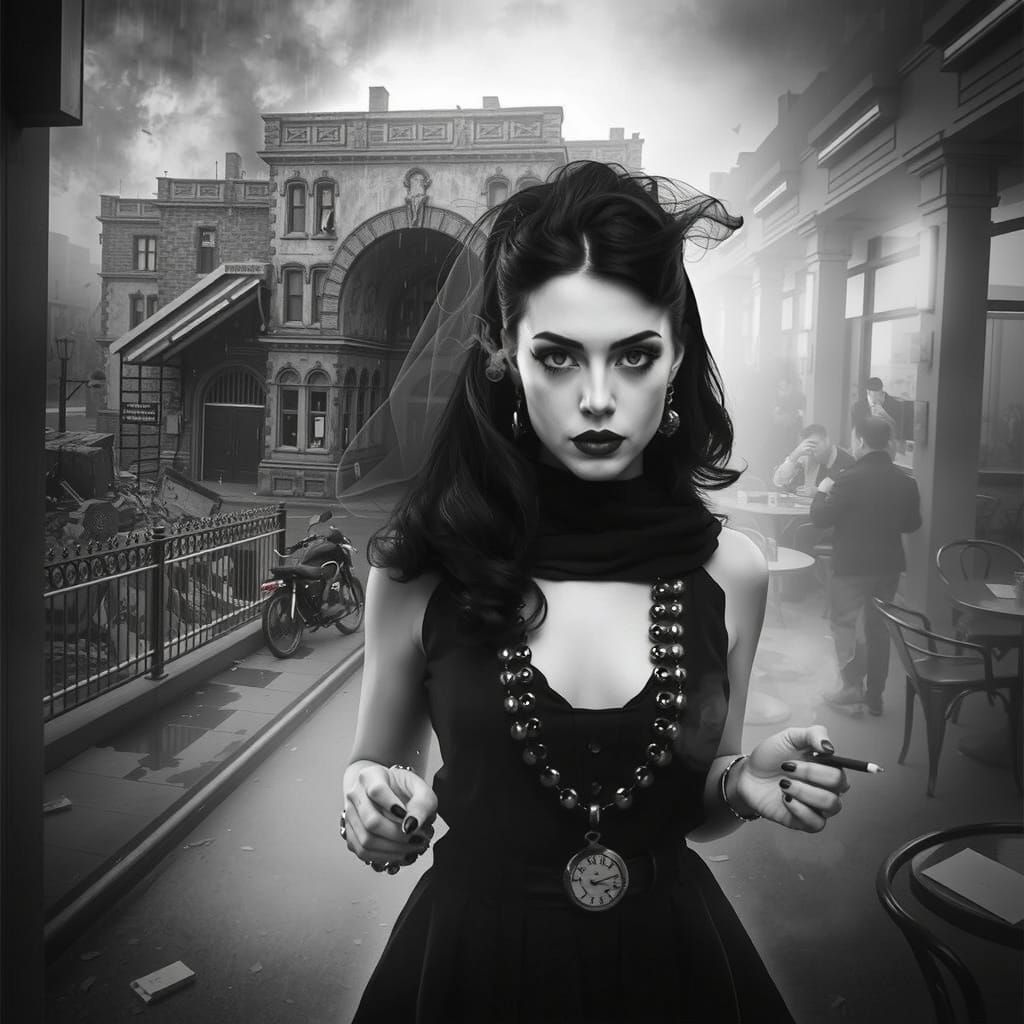 Fashion Model in Smoky Goth Coffee Shop - Black and White Ph...