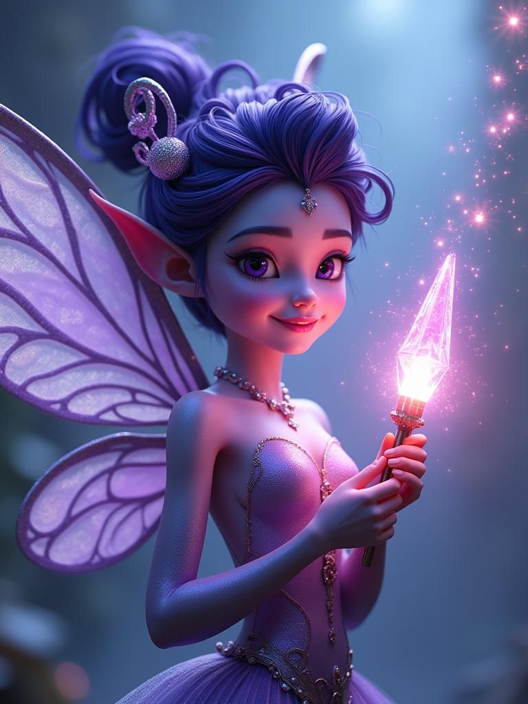 Iridescent Fairy with Magic Wand in Dreamlike Setting