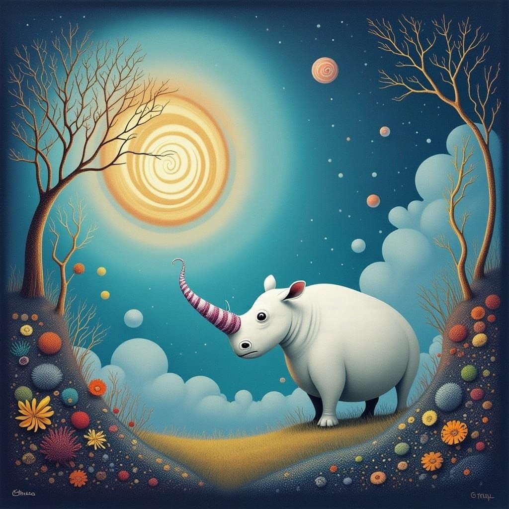 Majestic White Rhino in Whimsical Landscape with Crystal Hor...