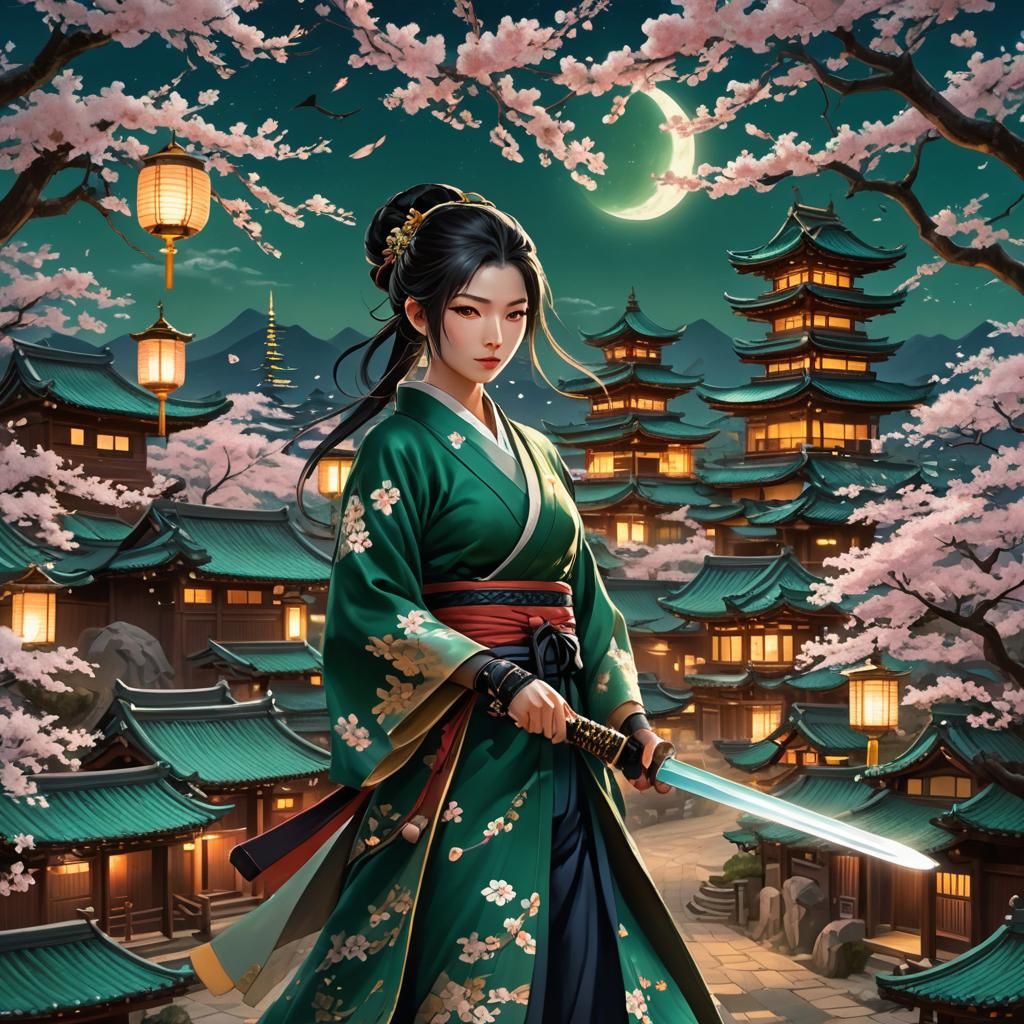 Ninja Girl with Glowing Sword in Moonlit Village