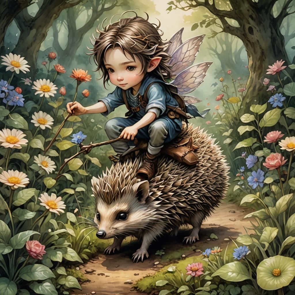 Chibi Fairy Rides Hedgehog: Garden Illustration