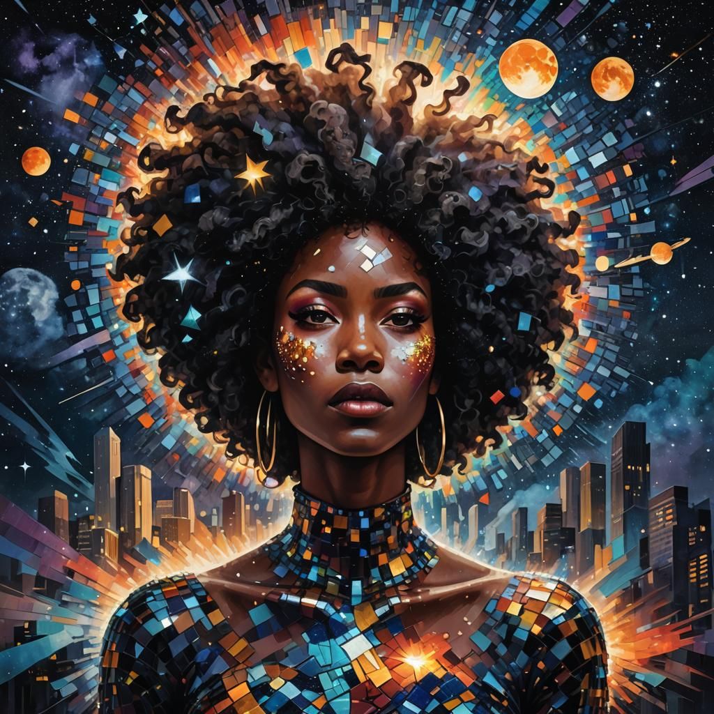 Cosmic Afro: A Surreal Mosaic Portrait