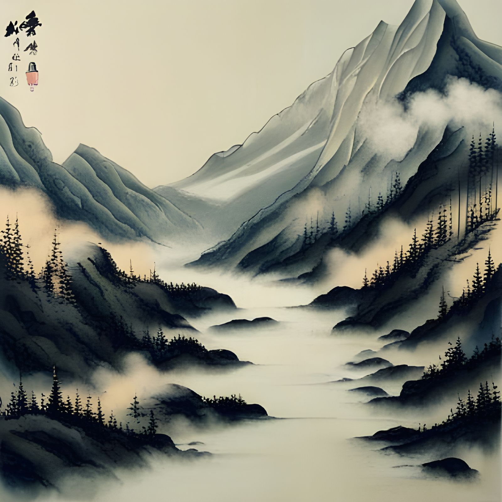 Abstract Chinese Mountain River Landscape Painting