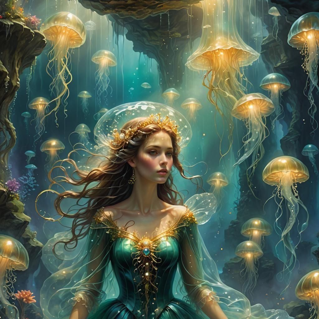 Submerged Maiden in Iridescent Cavern: Fantasy Art