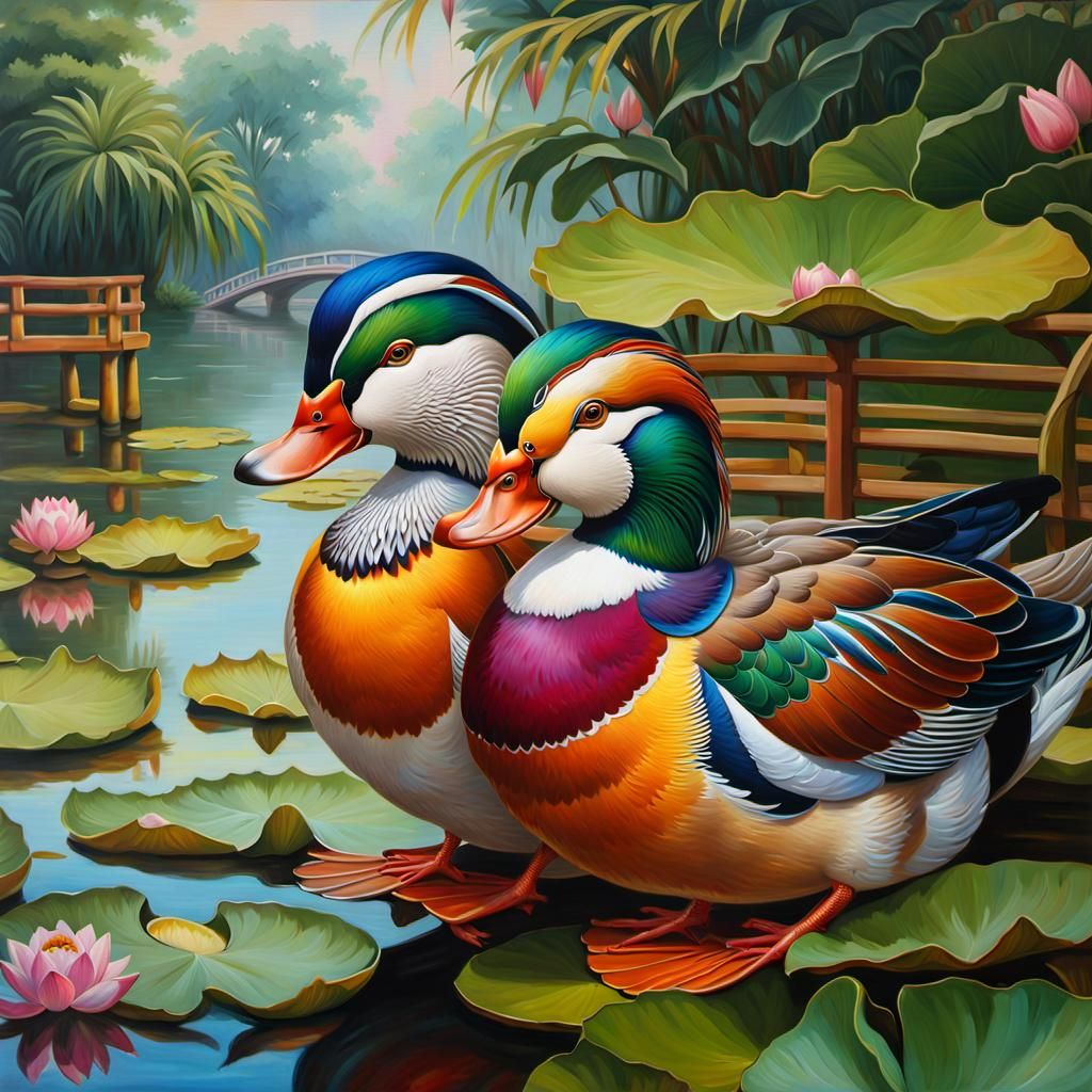 Mandarin ducks on lotus pond