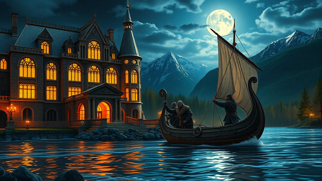 Gothic Mansion and Viking Longboat at Night