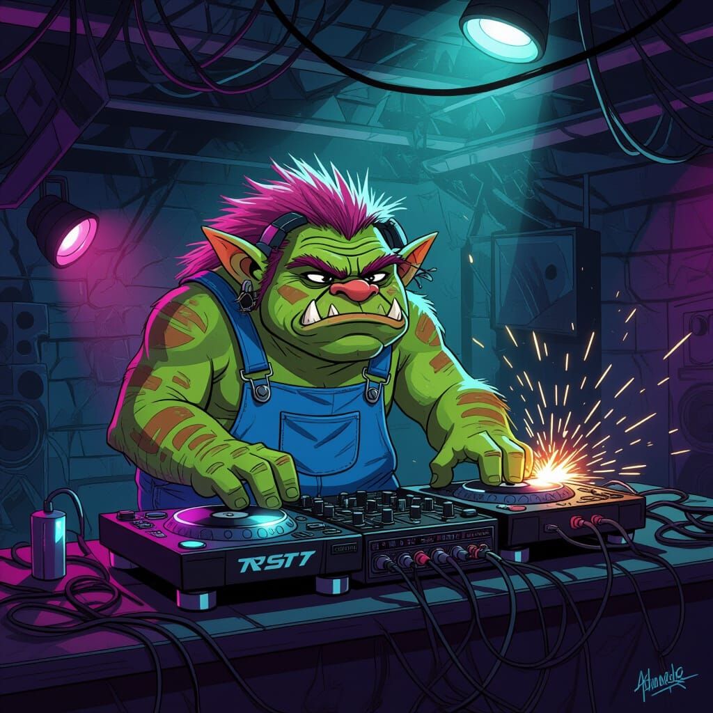Grumpy Troll DJs in Techno Club Comic Style
