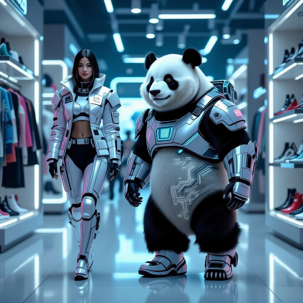Sci-Fi Model and Armored Panda in Futuristic Boutique