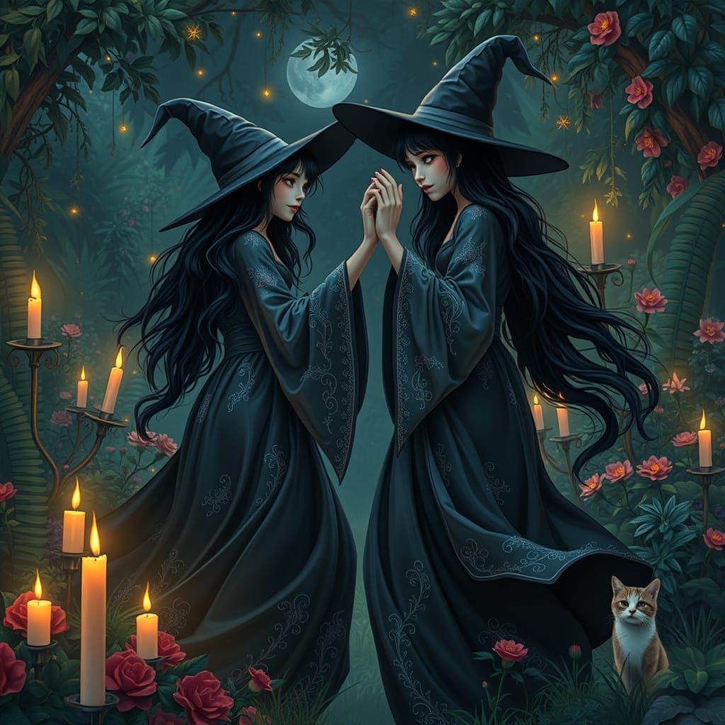 Witches Dancing in Garden with Fireflies and Cat