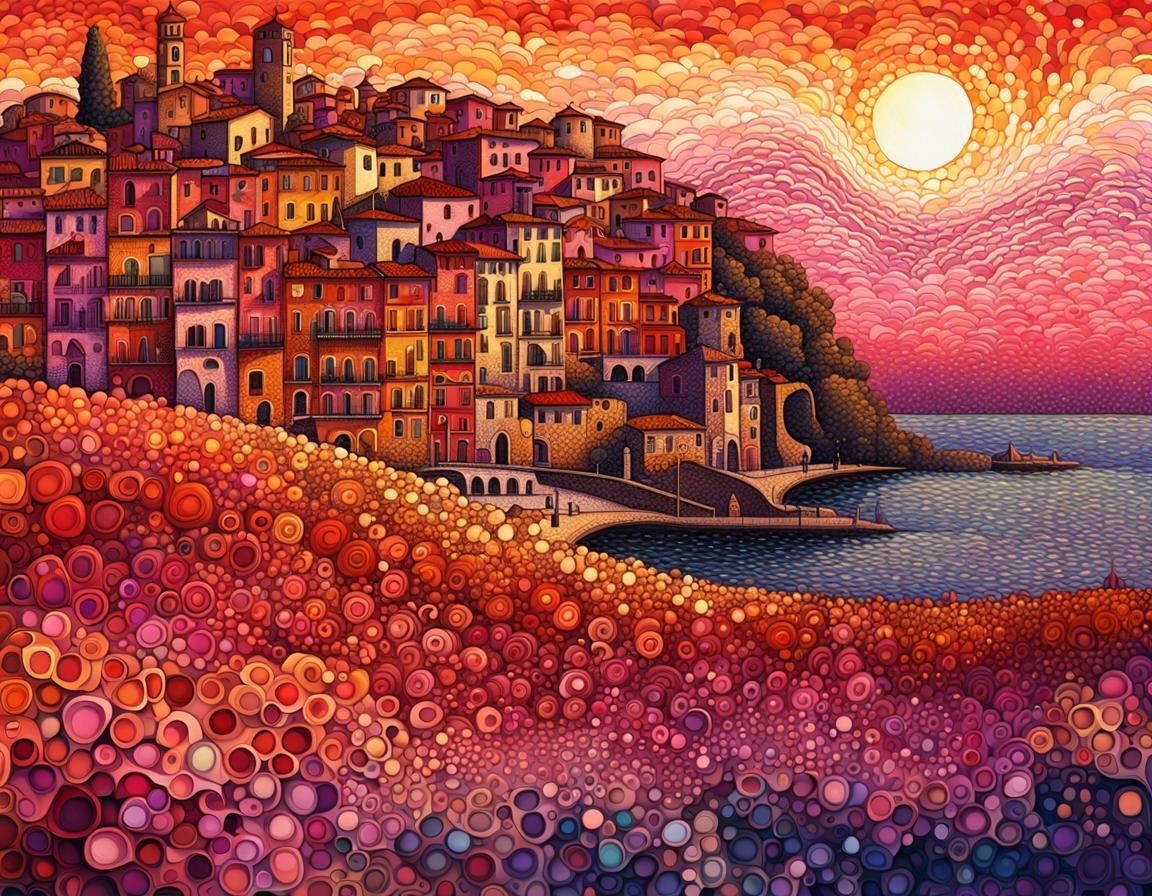 Italian City Sunset in Pointillism Style