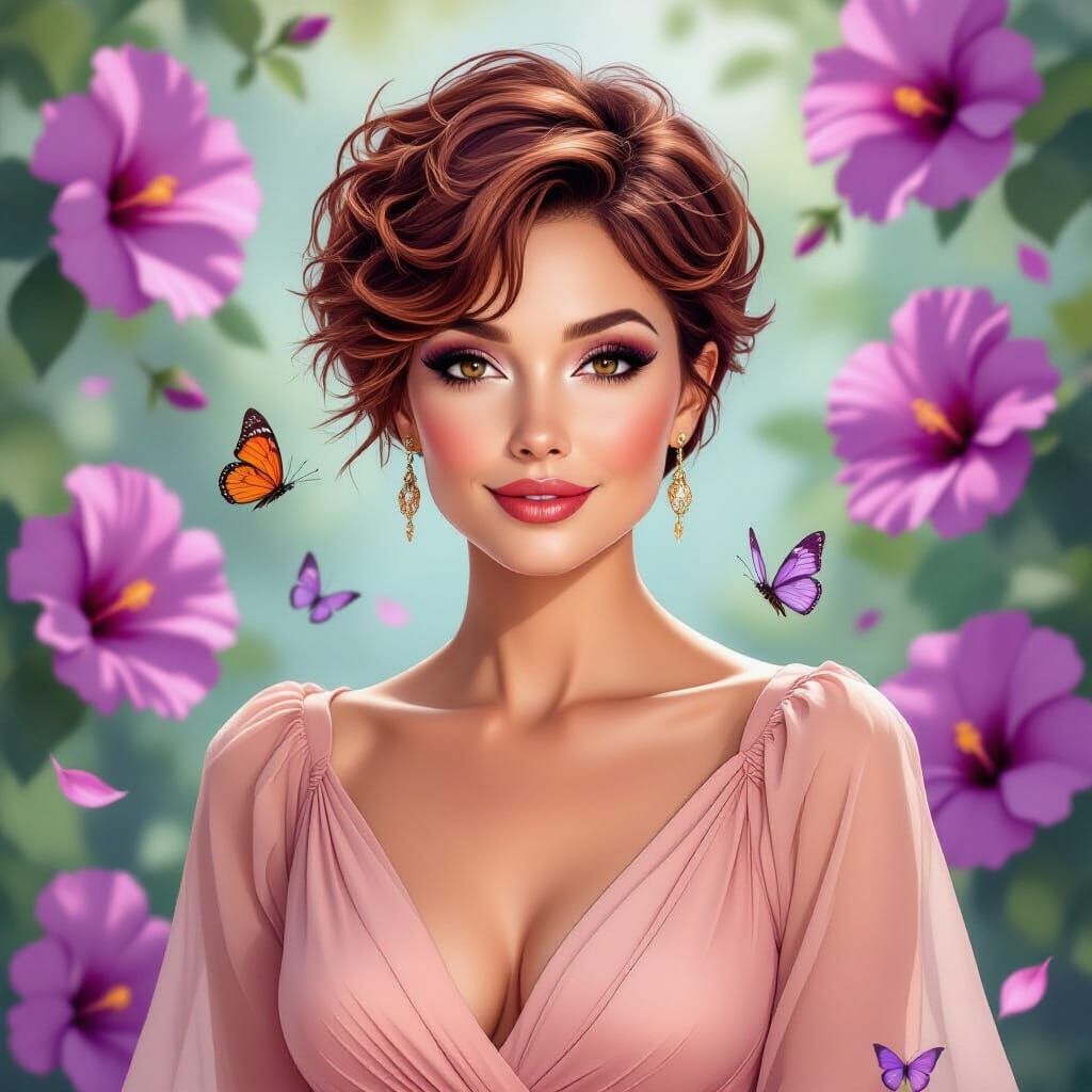 Dreamy Watercolor Portrait of Woman with Hibiscus Flowers