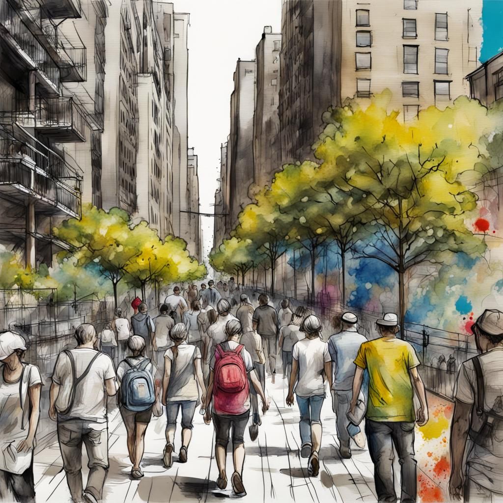 New York Highline Park Blueprint Sketch with Graffiti Art